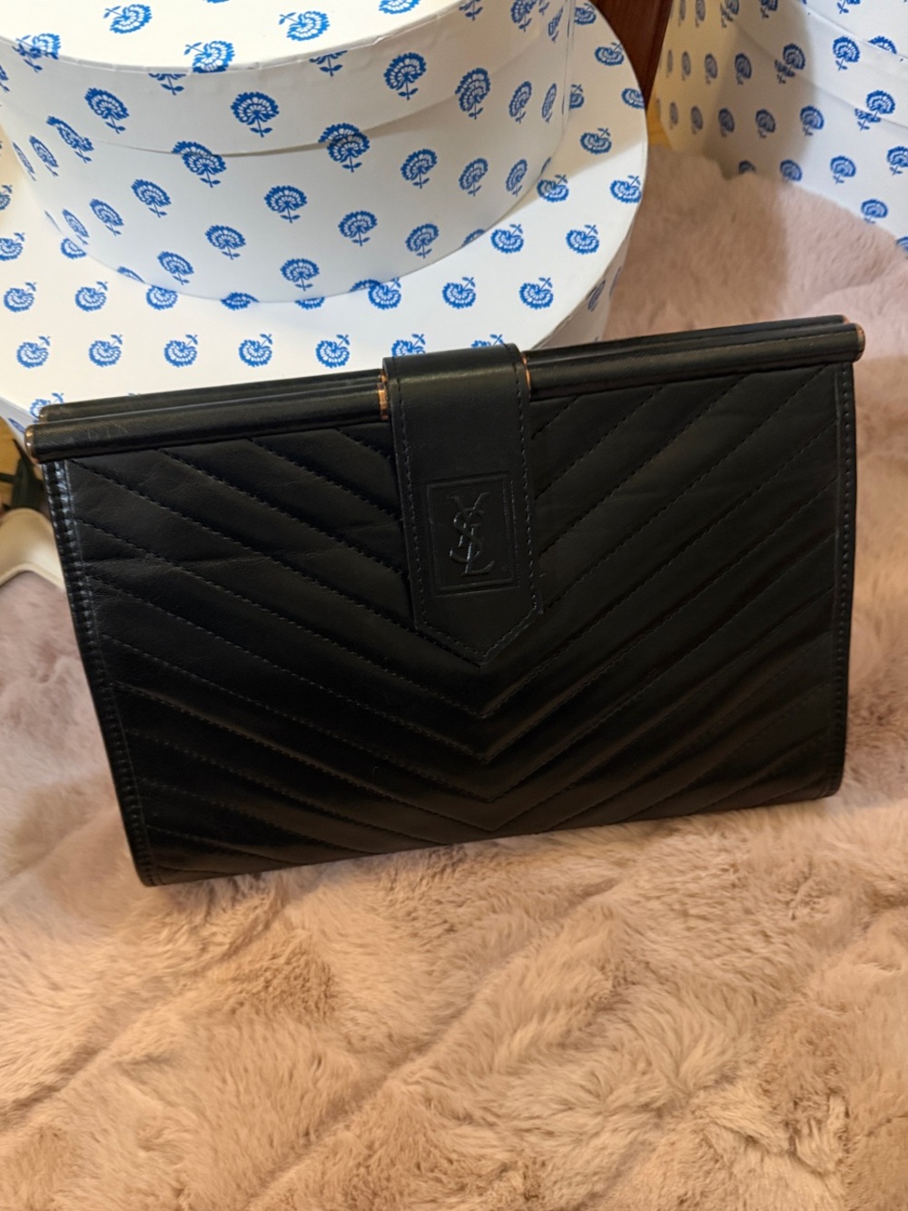 Saint Laurent Black Quilted Chevron Leather Wristlet Clutch